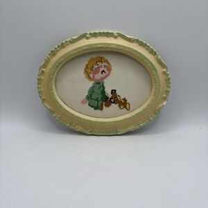 Cross Stitch Crying Child Baby Boy Green Yellow Framed Vintage 8 Inch